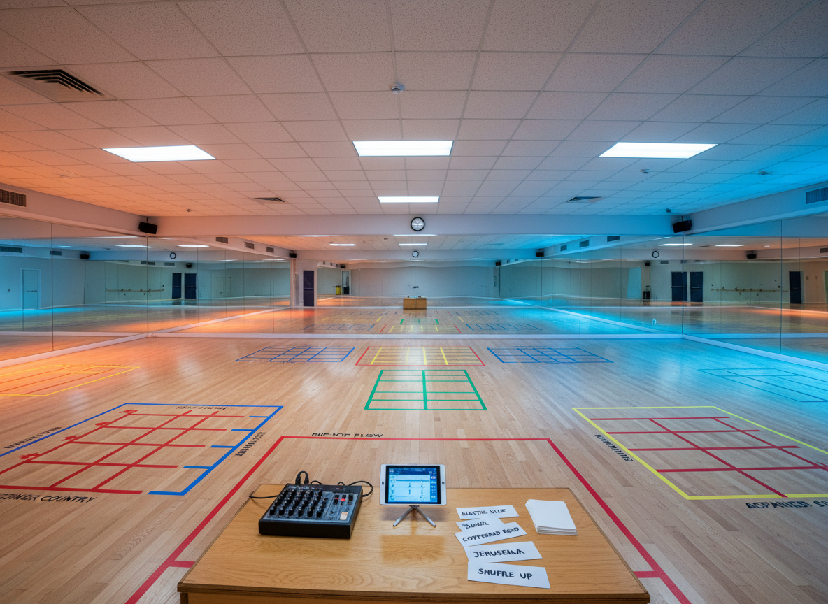 A long, panoramic view of a spacious line dancing studio with a flawless, light oak floor and mirrored wall reflecting rows of clearly marked line dance formations shown only as colored floor tape grids and arrows. At the front, a raised platform with a small mixer, tablet stand, and neatly stacked cue cards labeled with dance names suggests an instructor’s station. Multicolored LED ceiling panels wash the room in gentle, shifting hues—warm oranges for country sections, cool blues for hip-hop segments. The atmosphere is energetic yet structured, ideal for progressing from beginner to advanced. Shot in photographic realism with a wide-angle lens at eye level, the image maintains sharp focus throughout, conveying an organized, playful environment designed for learning complex routines with ease.