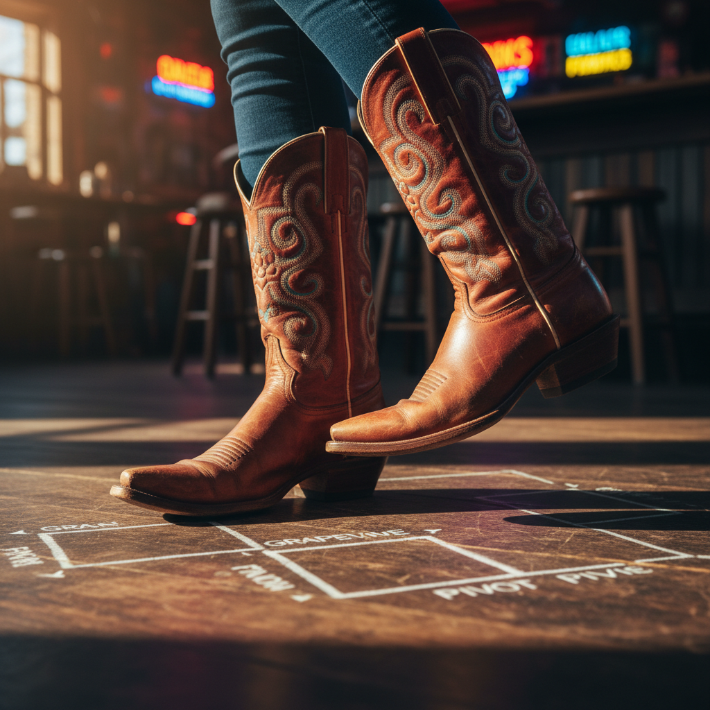 A pair of intricately detailed, slightly worn leather cowboy boots with ornate stitching stands mid-step on a subtly textured dance floor, one heel lifted as if about to stomp in rhythm. Around the boots, faint chalk lines and arrows indicate a classic line dance pattern. In the background, out-of-focus neon signs and rustic wooden bar stools hint at a lively country bar setting. Warm golden hour light streams in from one side, creating dramatic side lighting that highlights the boot leather’s creases and casts elongated shadows. The atmosphere feels dynamic and rhythmic, full of motion despite the stillness. Shot from a low-angle, close-up perspective with shallow depth of field, this photographic realism emphasizes the tactile textures and playful energy of country line dancing.