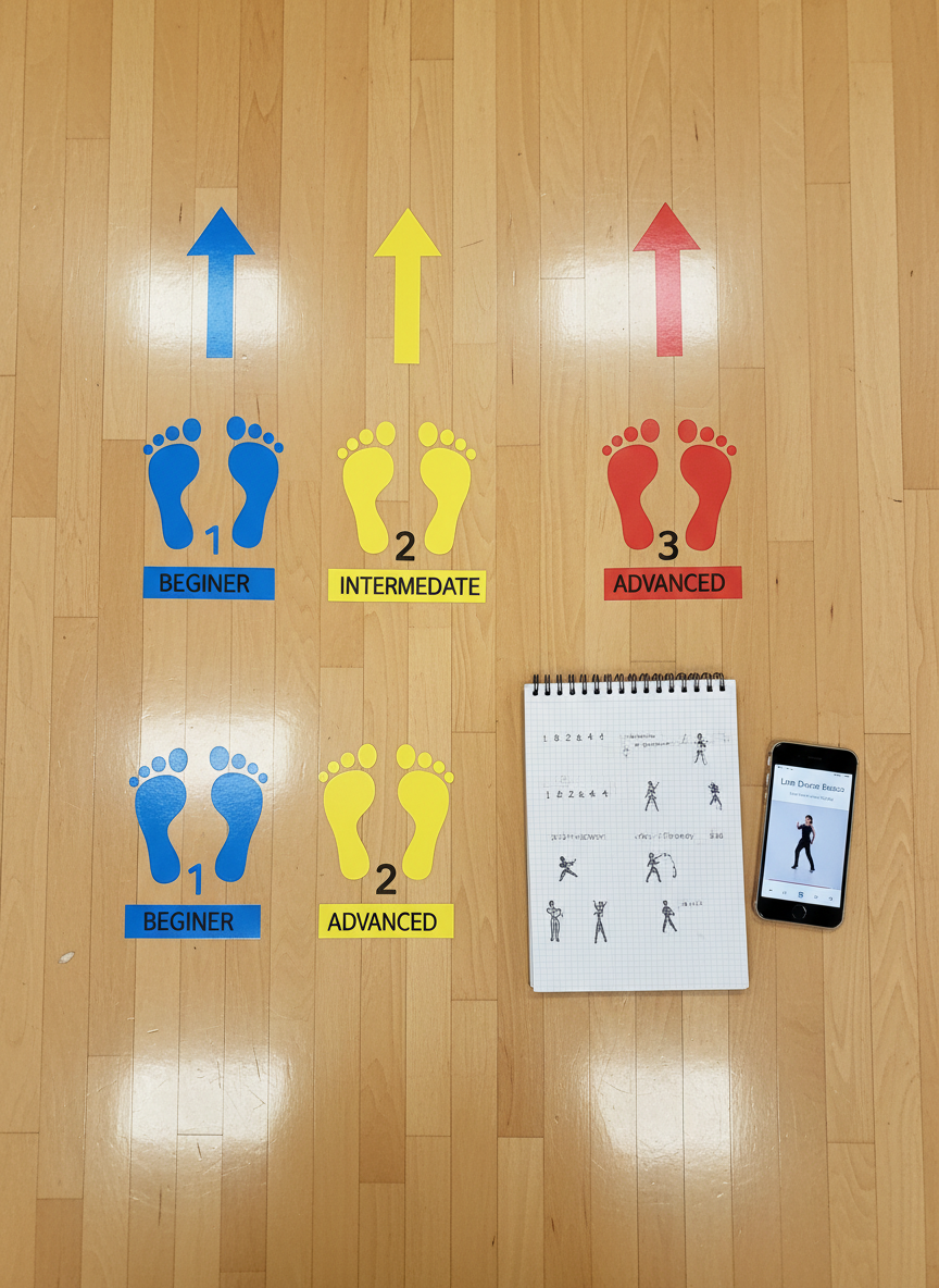 An overhead view of a row of taped arrows and numbered footprints on a glossy wooden dance floor, each footprint in a different bright color to indicate beginner, intermediate, and advanced steps. Beside the markings, a spiral-bound choreography notebook lies open, its pages filled with neatly written counts and small diagrams. A smartphone sits nearby displaying a paused line dance tutorial screen. Diffused ceiling lights reflect gently off the floor, casting soft highlights and almost no harsh shadows. The mood is playful and organized, emphasizing learning and progression. Captured in photographic realism with crisp details and a clean, modern aesthetic, the composition uses a top-down angle and sharp focus throughout to highlight the clarity of step-by-step breakdowns.