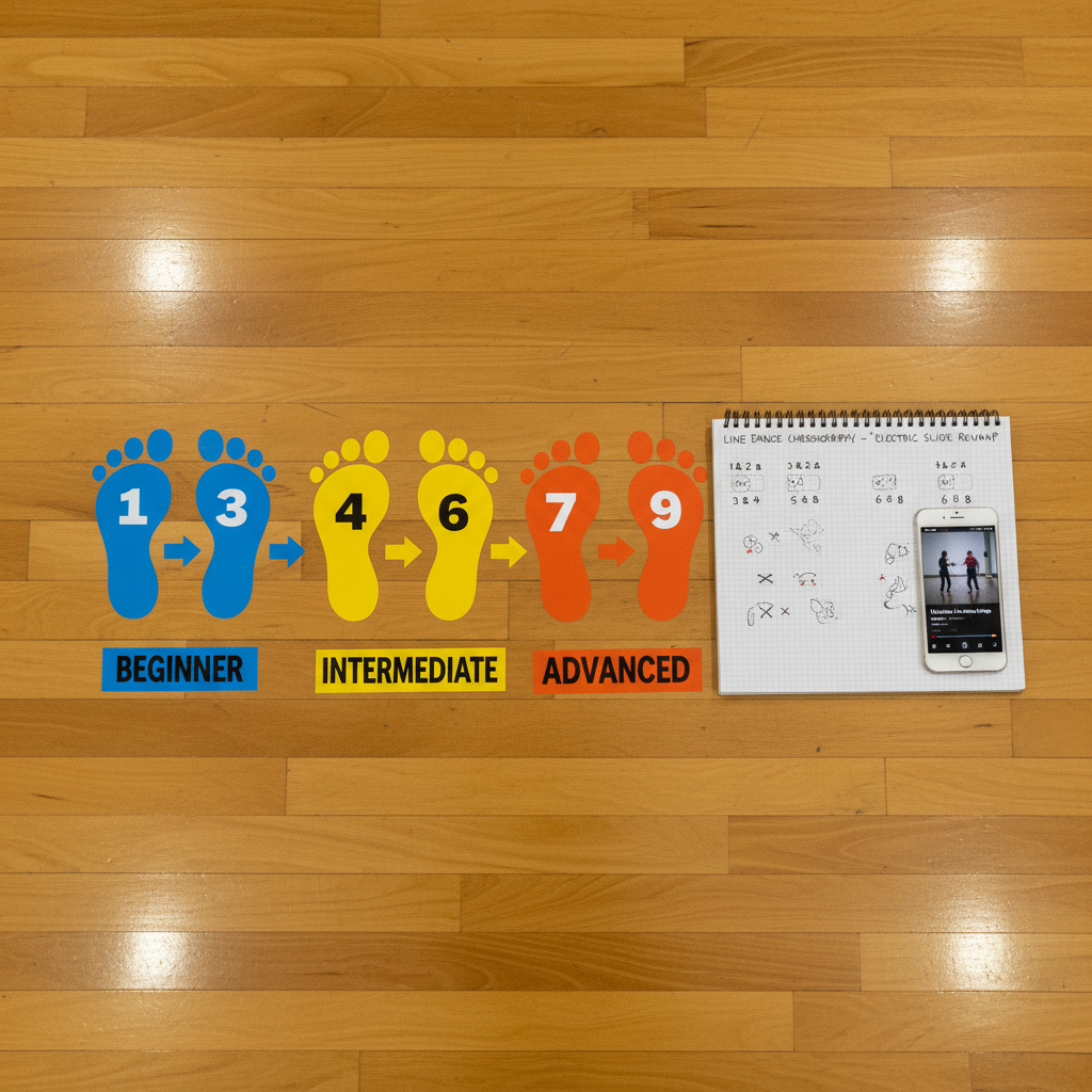 An overhead view of a row of taped arrows and numbered footprints on a glossy wooden dance floor, each footprint in a different bright color to indicate beginner, intermediate, and advanced steps. Beside the markings, a spiral-bound choreography notebook lies open, its pages filled with neatly written counts and small diagrams. A smartphone sits nearby displaying a paused line dance tutorial screen. Diffused ceiling lights reflect gently off the floor, casting soft highlights and almost no harsh shadows. The mood is playful and organized, emphasizing learning and progression. Captured in photographic realism with crisp details and a clean, modern aesthetic, the composition uses a top-down angle and sharp focus throughout to highlight the clarity of step-by-step breakdowns.