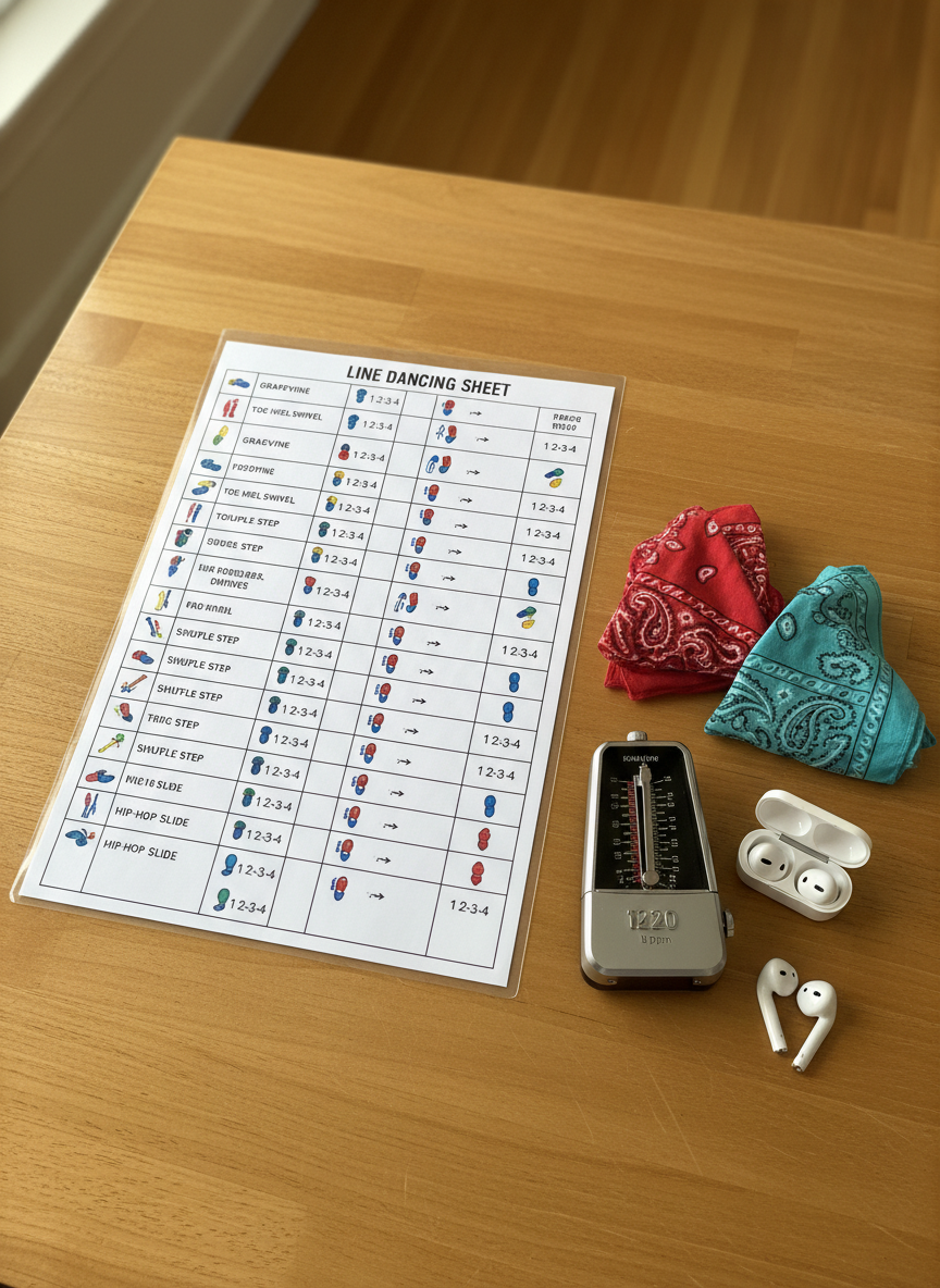 A close-up, overhead shot of a large, laminated line dancing cheat sheet spread across a smooth wooden table. The sheet displays clearly printed step names, numbered counts, and small, colorful icons representing different moves, from classic grapevines to modern hip-hop slides. Beside it, a pair of folded bandanas in bright red and turquoise sits next to a tiny metronome and a set of wireless earbuds. Soft afternoon light from a nearby window creates gentle, natural highlights on the lamination and casts faint shadows from the objects. The mood is studious yet fun, emphasizing clear instruction and playful design. Captured in photographic realism with sharp focus and a clean, minimal background, the composition centers the cheat sheet while the accessories provide context for learning and practice.