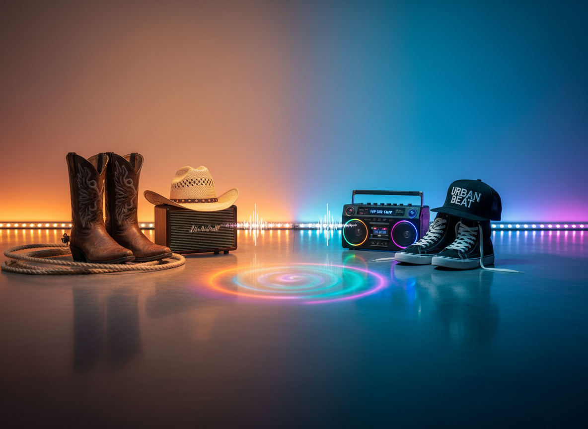 A split-scene composition on a single glossy dance floor: on the left, a cluster of classic Western items—cowboy boots, a straw hat, and a coiled lasso—rest beside a Bluetooth speaker playing country music. On the right, sleek black high-top sneakers, a snapback hat, and a small wireless boombox sit ready for a surprise hip-hop routine. LED strip lights along the baseboards shift from warm amber tones on the country side to cool electric blues and purples on the hip-hop side, blending slightly where they meet. Overhead, soft studio lighting keeps details crisp without harsh glare. The mood is playful and genre-bending, captured in photographic realism from a slightly elevated angle, celebrating the fusion of line dancing tradition with modern, urban style.